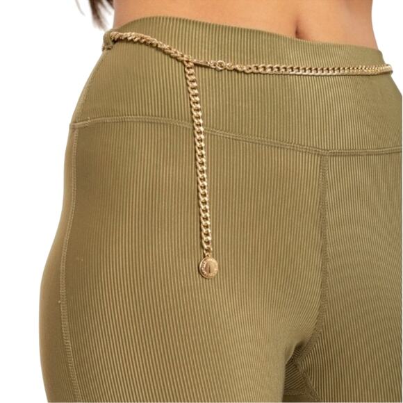 WeWoreWhat Chain High Rise Ribbed Green Leggings NWT Sz Medium Gold Chain Detail - Picture 2 of 15